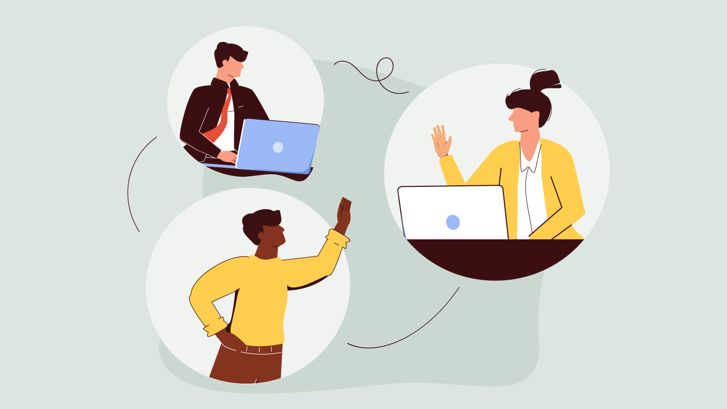 cartoon illustrations of three people, two are waving to each other and two are on laptops